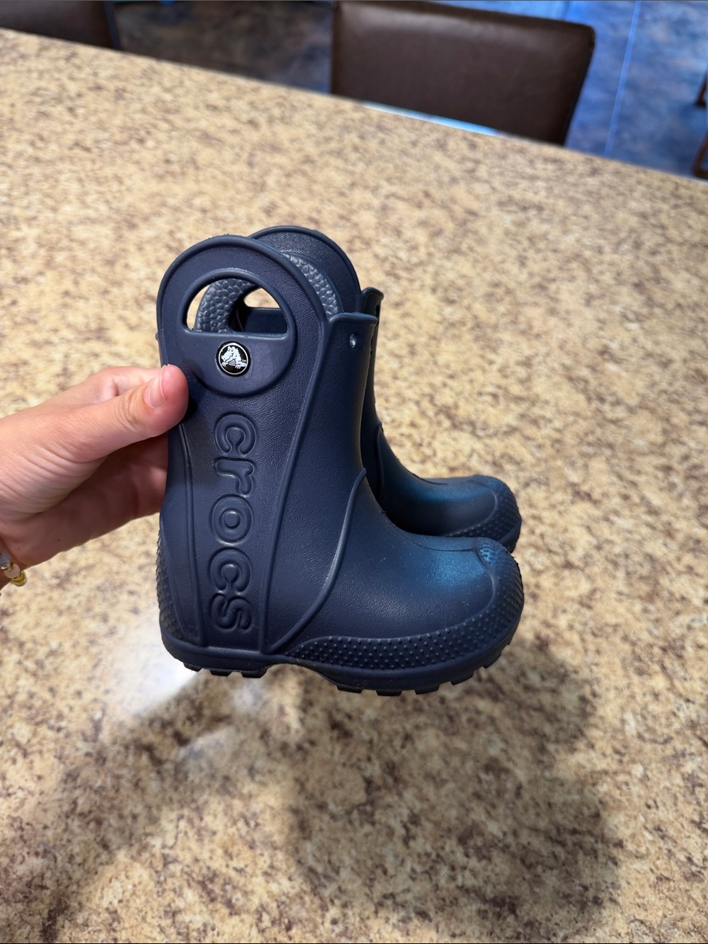 CROCS Kids Navy Blue Grip Rain Boots with Carry Handle